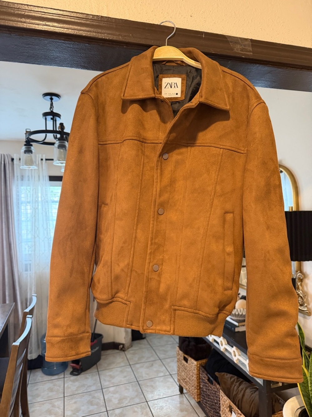 ZARA Men's Suede-Look Bomber Jacket in Tan